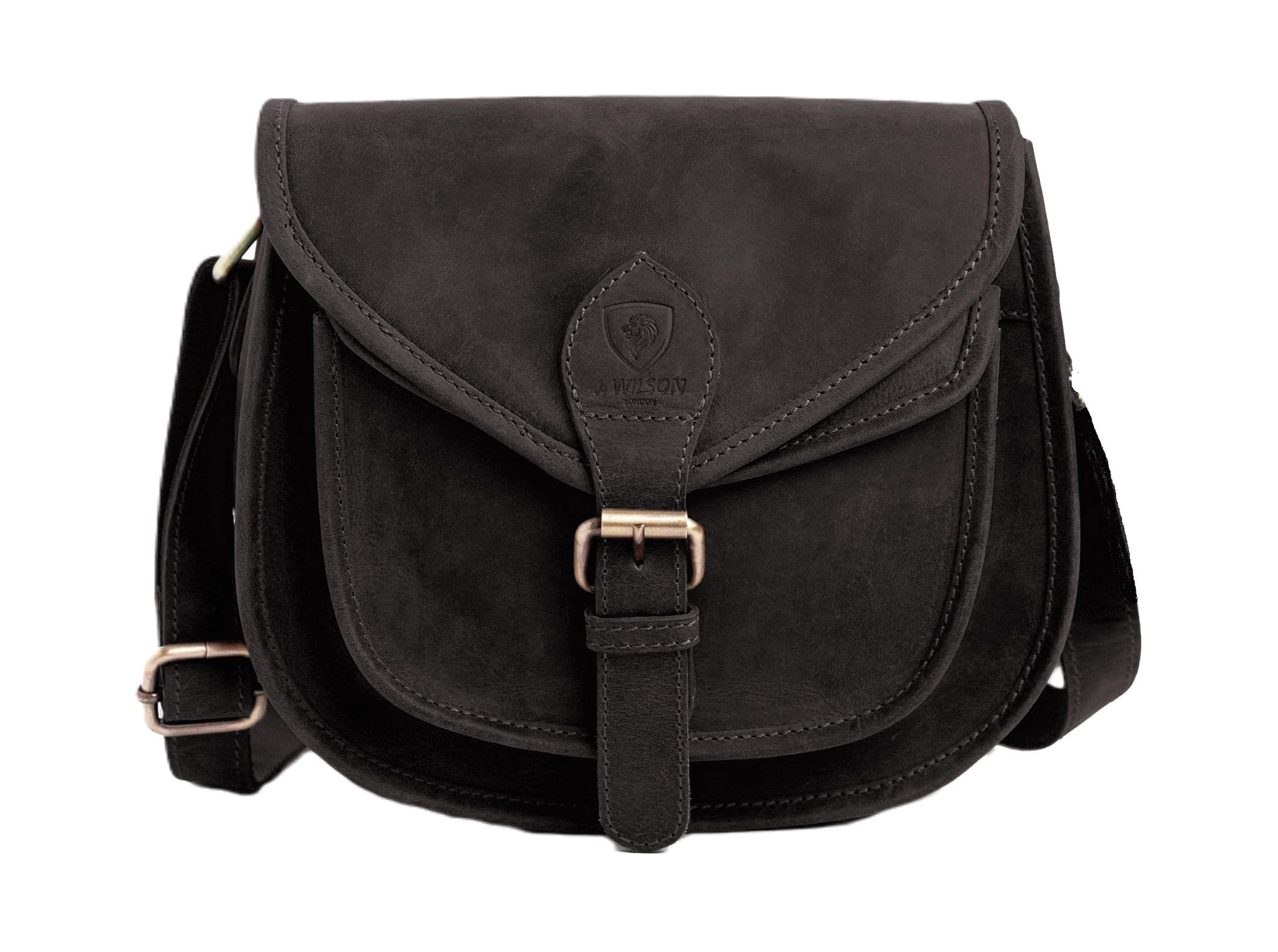 J. Wilson London Designer Genuine Real Distressed Retro Vintage Hunter Leather Handmade Women Ladies Unisex Flapover Gypsy Festival Travel Crossover Shoulder Bag (Distressed Dark Brown), M