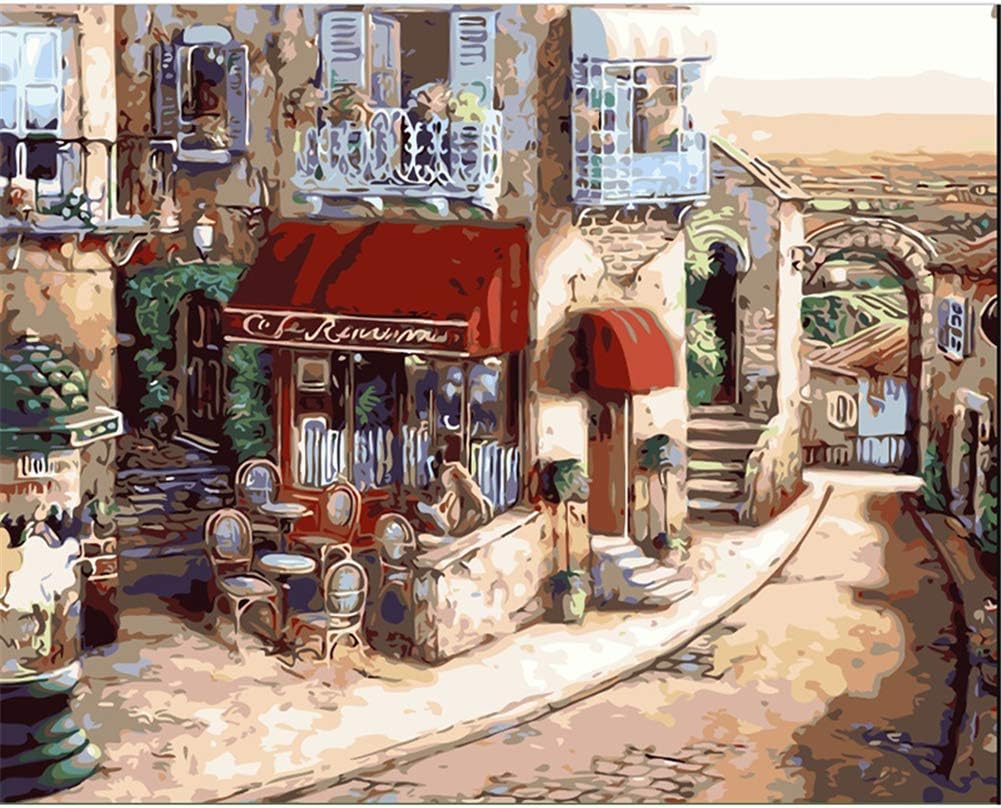 KANGDISON Painting by Number European Retro Store Road, DIY Paint by Number Kits for Adults Beginners Kids Teens Drawing with Brushes Canvas Acrylic 16 x 20inch / 40 x 50cm