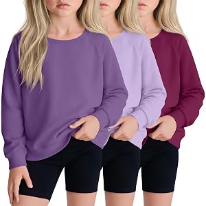 Custoneei 3 Pack Girls' Long Sleeve Sweatshirt | Kids Crewneck Shirts, Regular Fit, Teens Lightweight Pullover Tops, Casual,