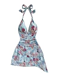 BEAUDRM Women's Floral Print Sleeveless Halter Deep