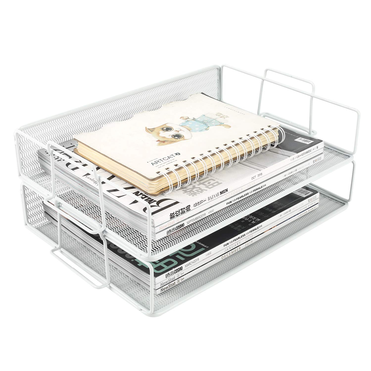 EasyPAG 2 Tier A4 Mesh in Trays Stackable Office Desk Tidy File Holder Magazine Storage Paper Organiser,White