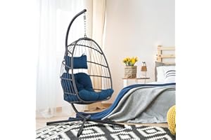 XIAO WEI Egg Chair with Stand - Hanging Swing Egg Chair Rattan Wicker Patio Hammock Chair for Indoor Outdoor Bedroom - Rusty Resistant Aluminum Frame and UV Resistant Cushion 350LBS Capacity (Teal Blue)