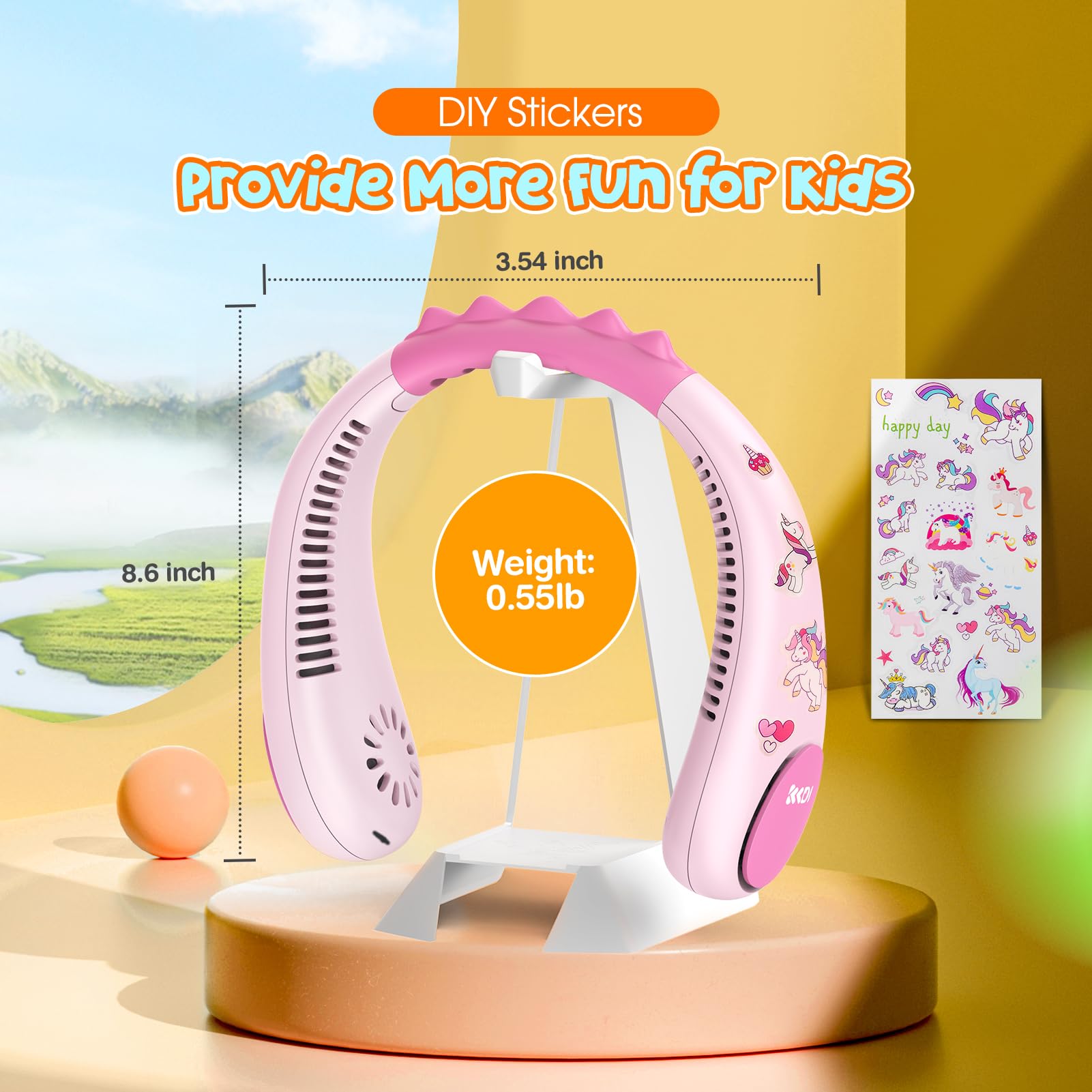 Kids Neck Fan, Bladeless Neck Fan for Kids with Unicorn Sticker, 2600mAh Portable Rechargeable Cooling Fan for 4-14Y Girls, Personal Fans for Your Neck for Travel, 4 Speeds, Lightweight, Safe