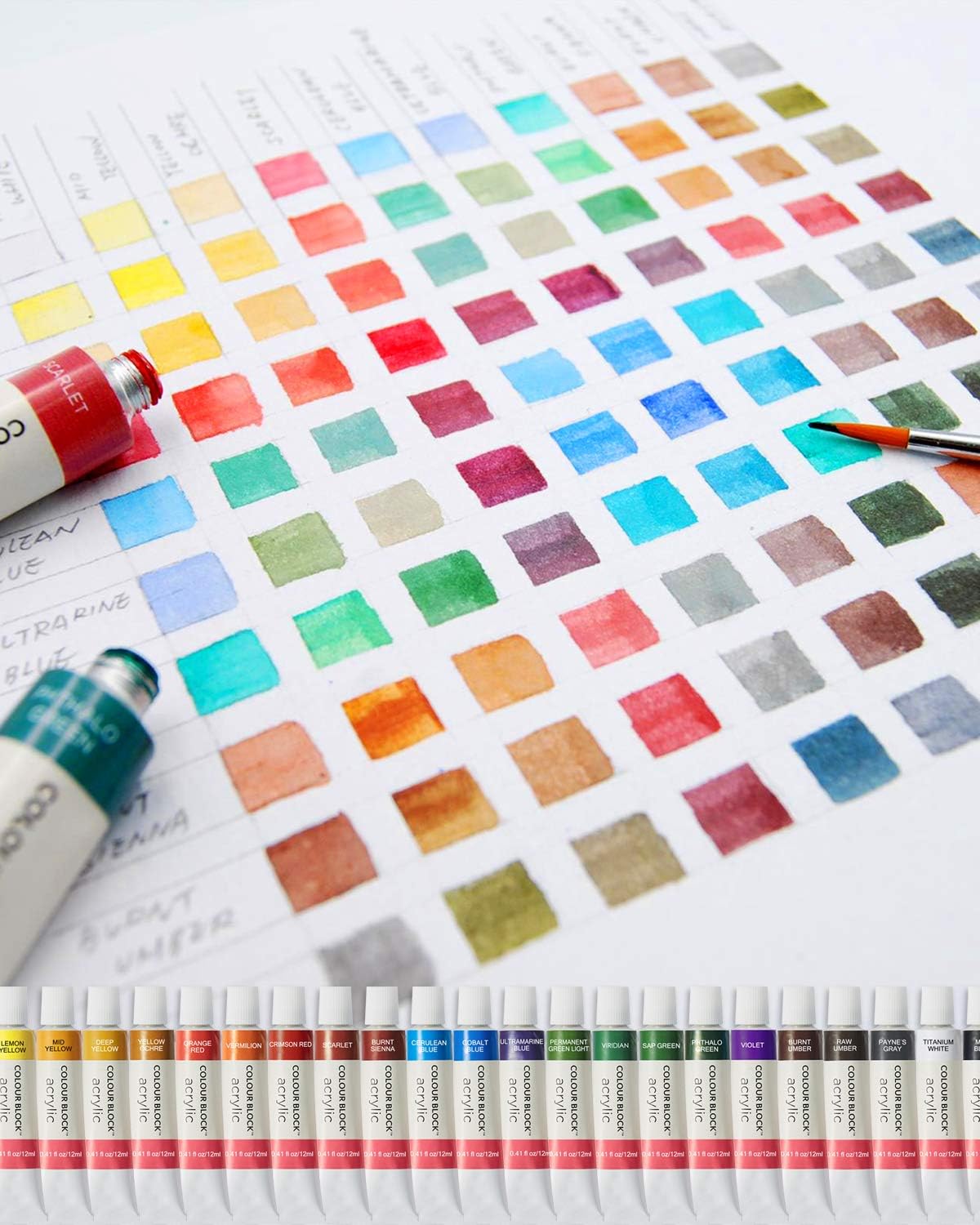 COLOUR BLOCK 32pc Acrylic Paints Tube Set with Paint Brushes and Fine Paper I Drawing Supplies for Canvas, Wood, Rock, Fabric I DIY Arts Crafting Tools for Kids, Teens, Adults and Beginners to Artists