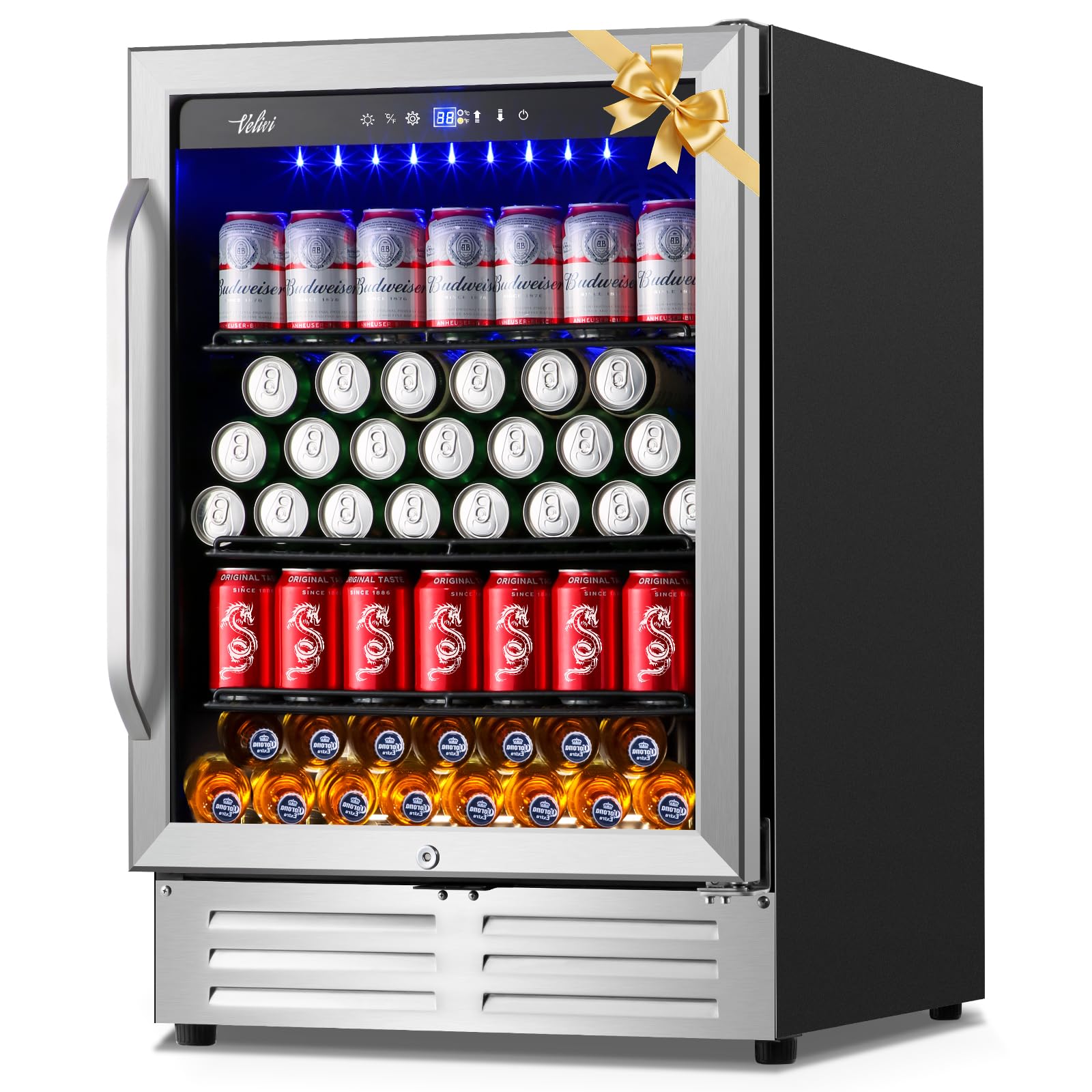 Velieta 24 Inch Beverage Refrigerator Cooler,210 Cans Wide Beverage and Beer Fridge with Glass Door and Powerful Cooling Compressor, Built-in/Freestanding Drink Fridge for Kitchen, Bar or Office Image
