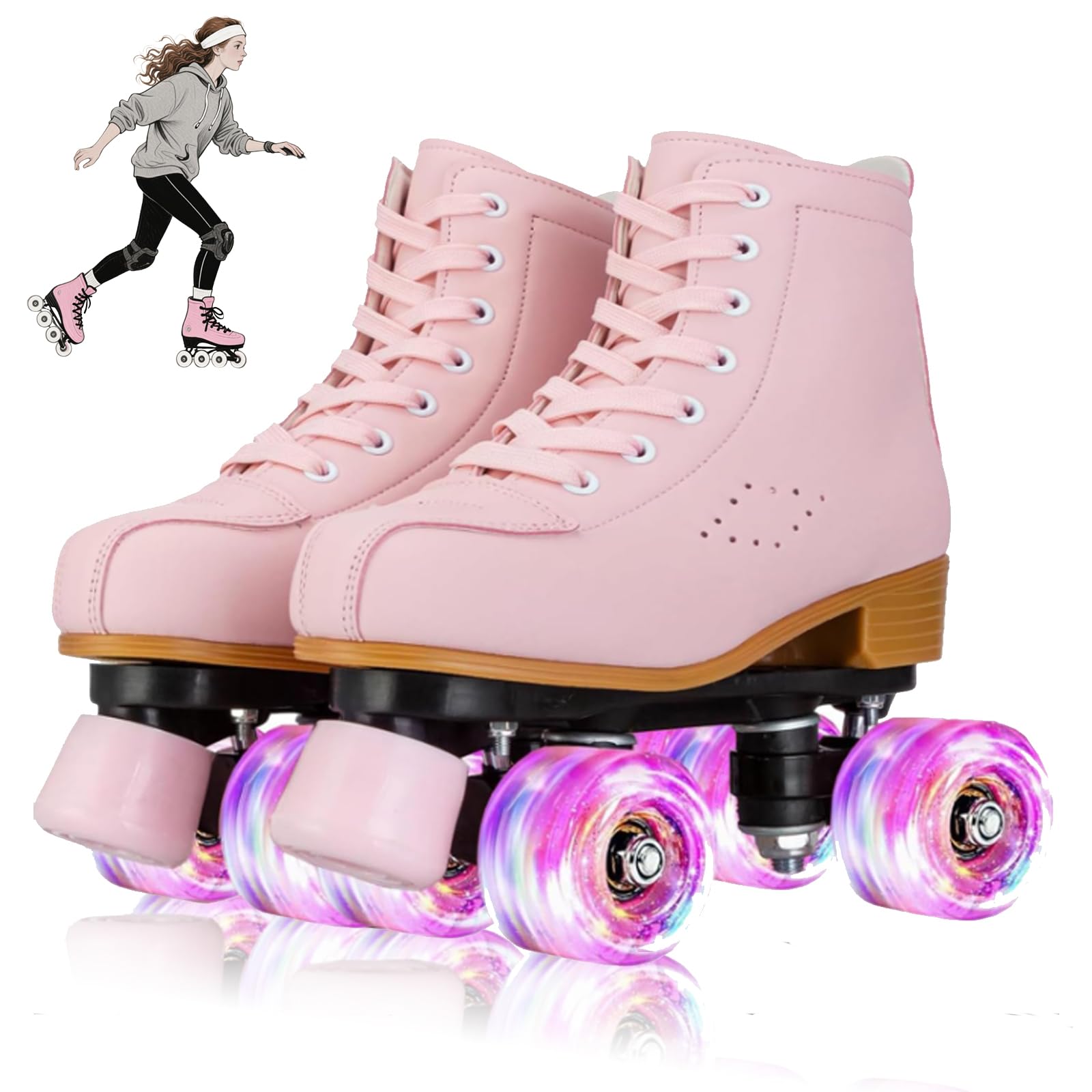 Photo 1 of YYW High-top PU Leather Roller Skates for Women?Outdoor Roller Derby Skates for Unisex Beginners with Light up Wheels(Pink-41-Women 10/Men 8.5)