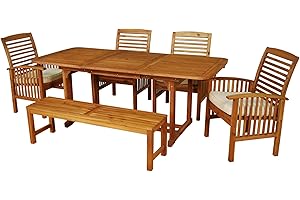 Walker Edison Maui Modern 6 Piece Solid Acacia Wood Slatted Outdoor Dining Set, Set of 6, Brown