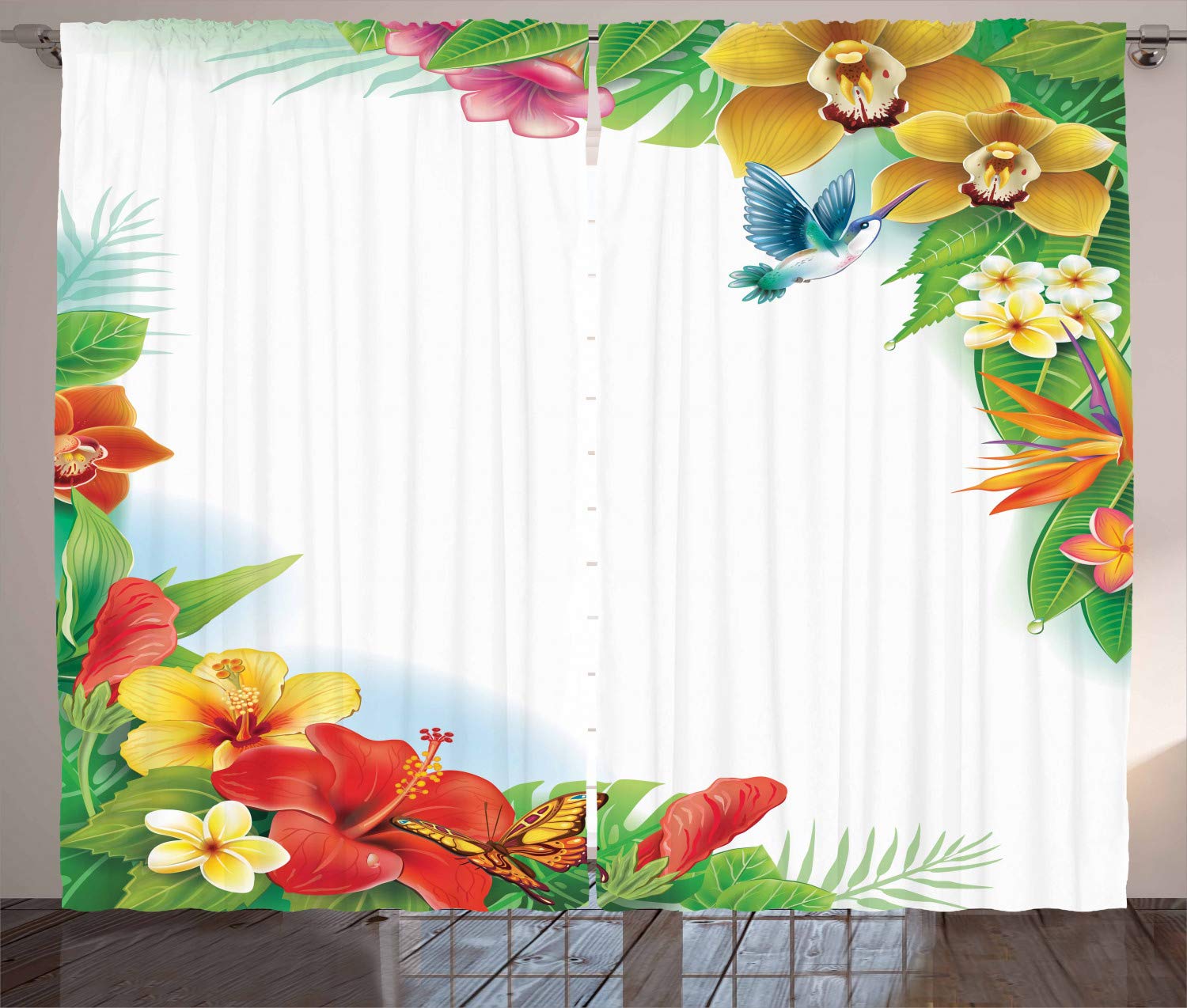 ABAKUHAUS Hummingbirds Curtains, Tropical Flowers and Leaves Natural Foliage Vibrant Color Exotic Rainforest, Living Room Bedroom Window Drapes 2 Panel Set, 69 L X 110 W, Multicolor
