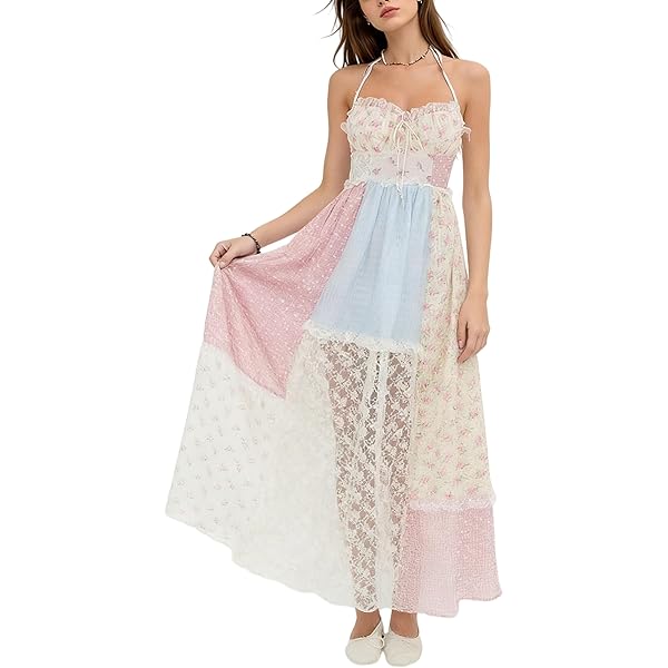 Y2K Patchwork Flora Maxi Dress for Women Boho Lace Ruffle Tiered Dress  Sleeveless Vacation Beach Dresses at Amazon Women's Clothing store