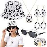 Zhamate Kids Cow Theme Accessories Set, Cow Print Bucket Hat with Sunglasses Bracelet Necklace Earrings, Summer Outfit Accessories for Girls Boys Outdoor Travel