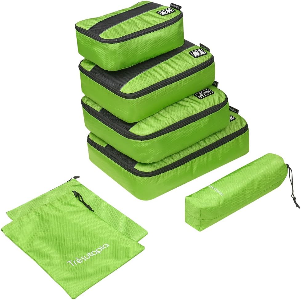 6-Piece Packing Cubes, Trèsutopia Mobutler Travel Luggage Organiser Sets 4 Cubes 1 Laundry Bag 1 Shoes Bag (Green)