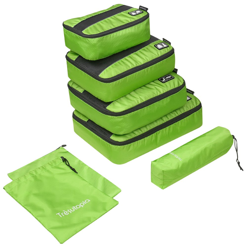 6-Piece Packing Cubes, Trèsutopia Mobutler Travel Luggage Organiser Sets 4 Cubes 1 Laundry Bag 1 Shoes Bag (Green)