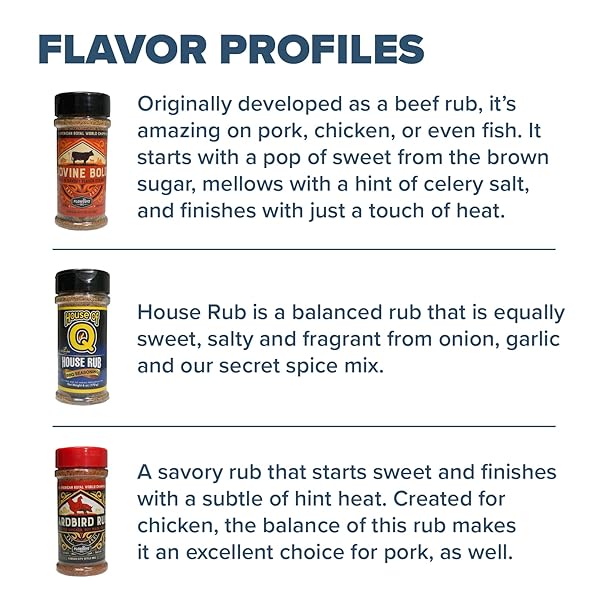 PLOWBOYS AND HOUSE OF Q BBQ RUB PACK GIFT SET YARDBIRD, HOUSE OF Q HOUSE RUB, BOVINE BOLD VERSATILE STEAK, PORK, CHICKEN, BEEF, VEGGIES SEASONING IDEAL FOR BBQ FANS 3 PACK, 5 TO 6OZ EACH PINNACLE MERCANTILE
