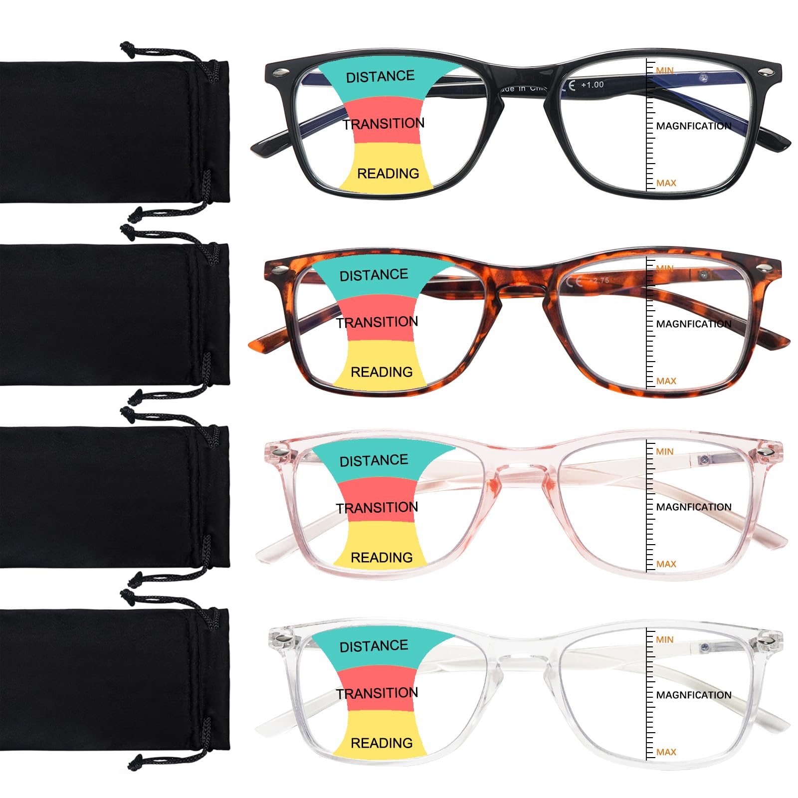 Photo 1 of **ONLY 2 PAIRS 1 OF EACH COLOR** BONCAMOR 4 Pack Progressive Multifocus Reading Glasses Men and Women Computer Blue Light Blocking Anti Eyestrain Readers (Black Tortoise Pink Clear, 3, Diopters)