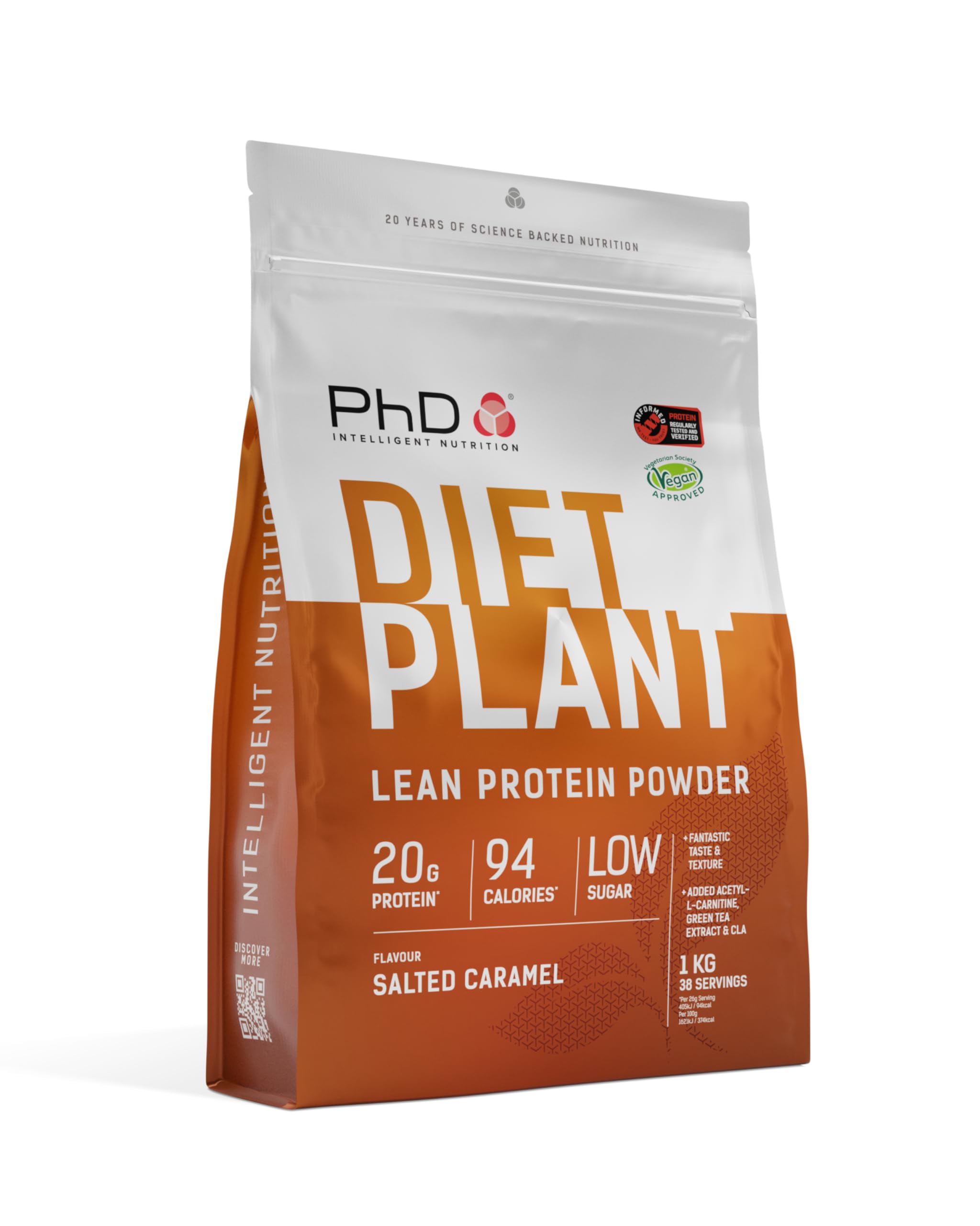 PhD Nutrition Diet Plant, Vegan Protein Powder Plant Based, Salted Caramel, 20g of Plant Protein, 40 Servings Per 1 Kg Bag [Packaging May Vary]