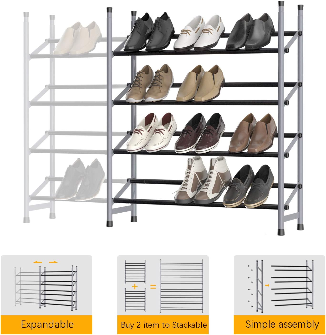 4Tier Stackable Shoe Rack, Expandable & Adjustable Shoe Shelf Storage