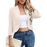 KOJOOIN Womens Cropped Blazer Casual Business 3/4 Sleeve Collarless Open Front Cardigan Work Jacket Shrug