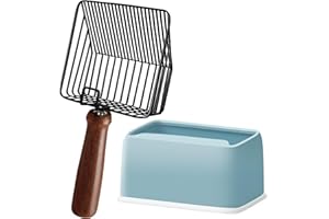 MORREAN Metal Cat Litter Scoop with Holder, Stainless Steel Litter Scooper, Kitty Poop Scooper with Wooden Handle, Fast Sifting & Fine Sifting, Heavy Duty Deep Shovel - Black with Blue Holder