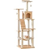 Quuzee Modern Cat Tree - 64 inch Cat Tower for Indoor Cats, Multi-Level Cat Condo with 7 Fully Wrapped Scratching Posts, 2 Perches, Hammock, Removable Pad &amp; Dangling Balls-Light Brown