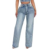 Ptorlio Womens Rhinestone Jeans Baggy Wide Straight Leg High Waisted Y2k Sparkly Bling Diamonds Denim Pants