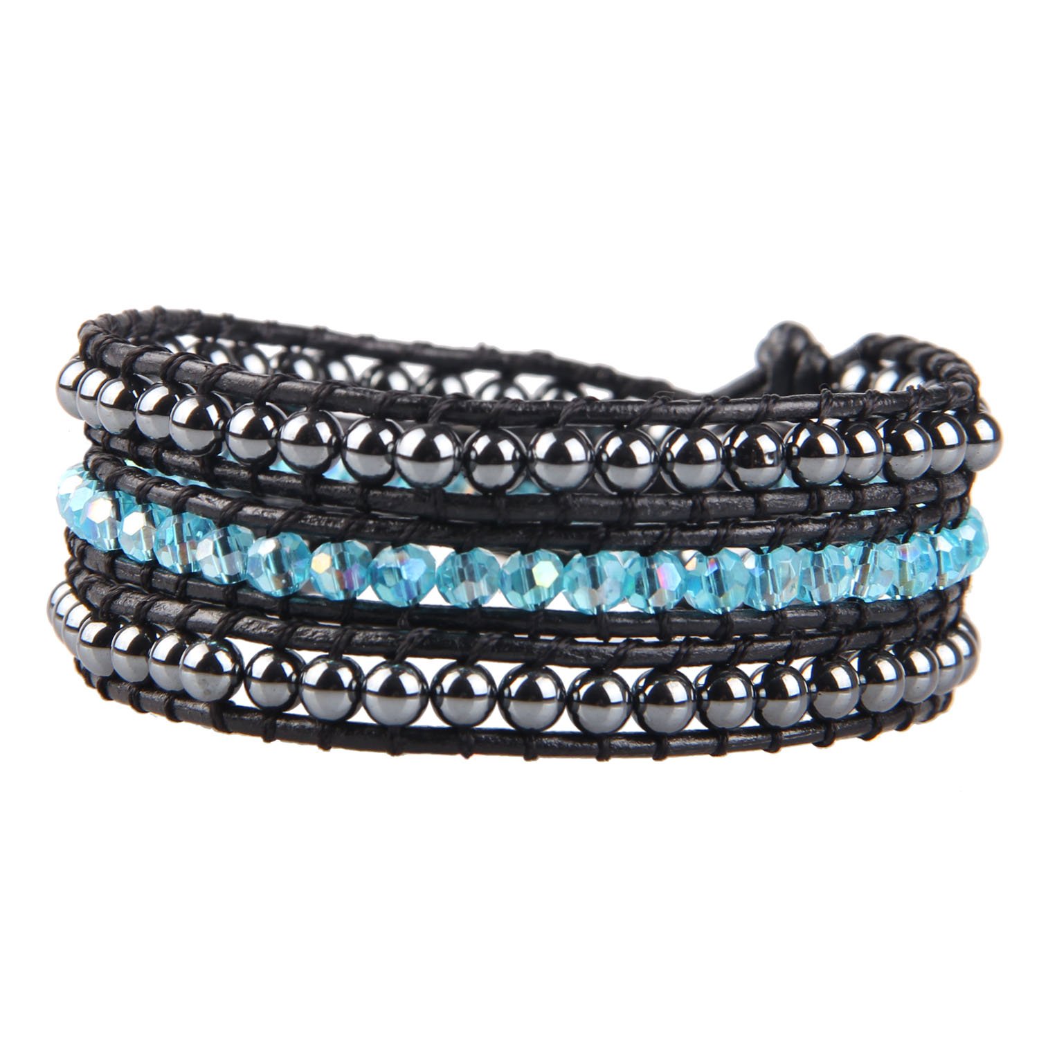 KELITCH Beaded Strands Bracelets Blue Crystal Hematite Beads Mix 3 Wrap Bracelet Hand Woven Fashion Jewelry (Blue)