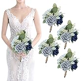 SEMONONIA Artificial Bridesmaid Bouquets - Set of 4 Silk Rose Flowers Bouquet Wedding Rustic Small Floral Centerpieces for Marriage Proposal Party Anniversary Dining Table Decorations - Blue,7 Inch