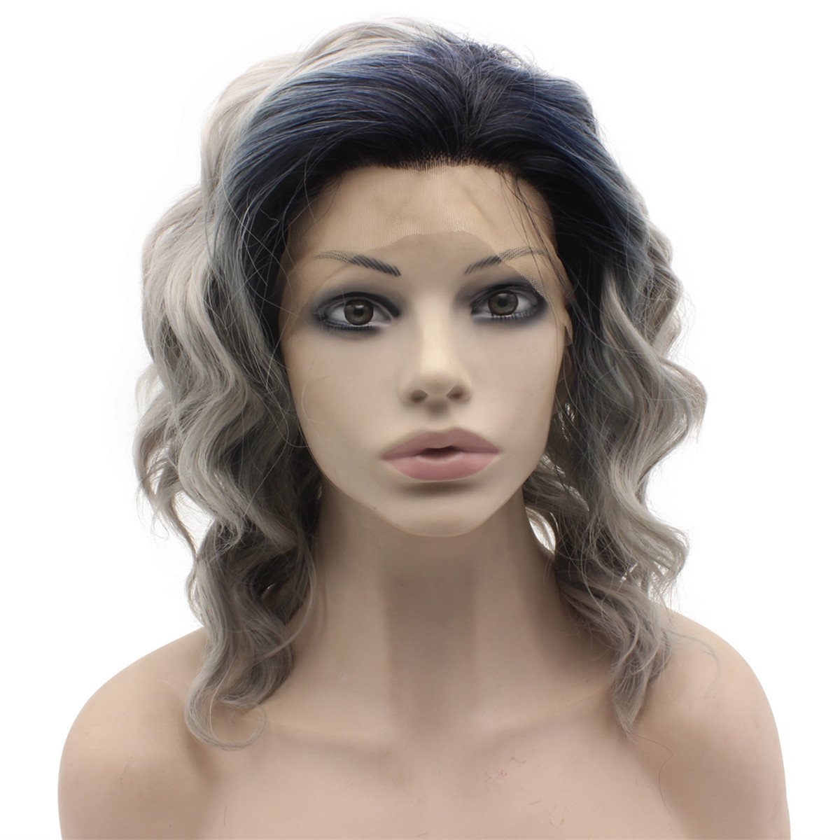 Shoulder Length Stylish Lace Front Synthetic Ombre Grey Wig Natural