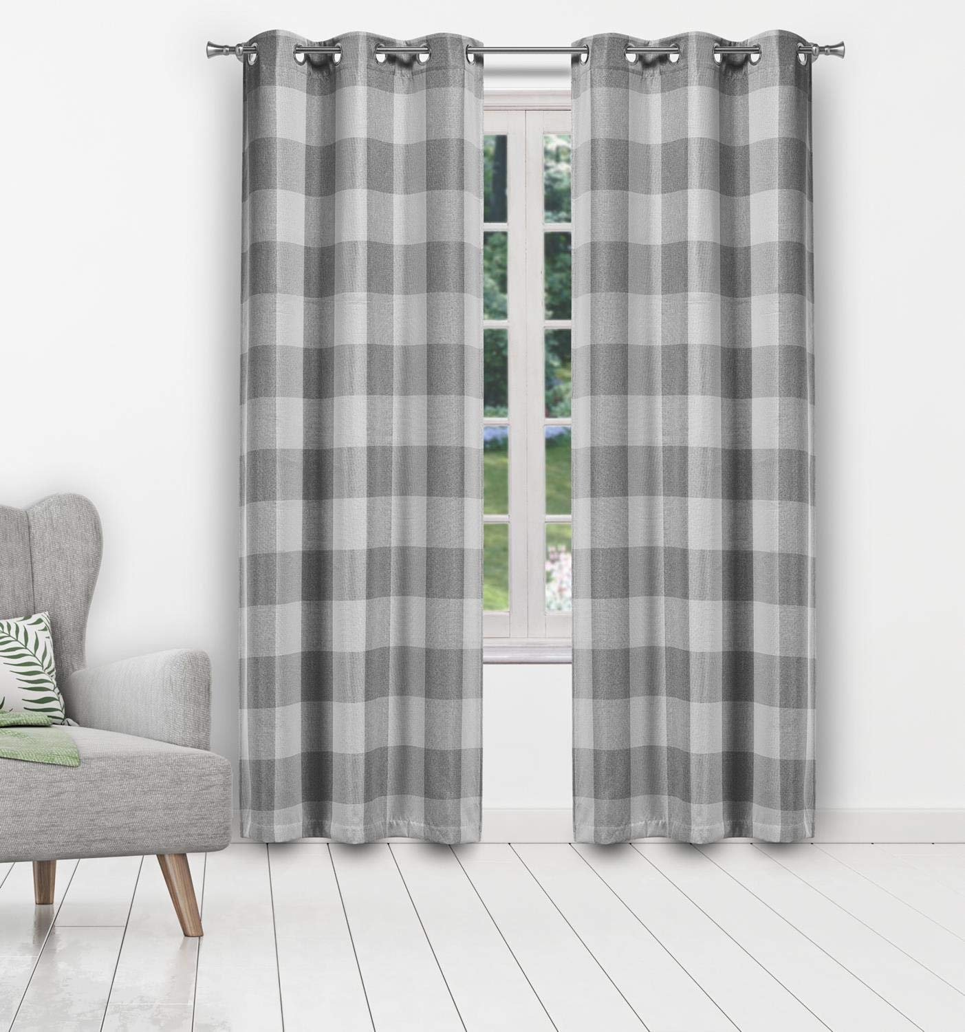Blackout 365 Aaron Buffalo Check Window Curtain, 37x108 (2 Pieces), Grey