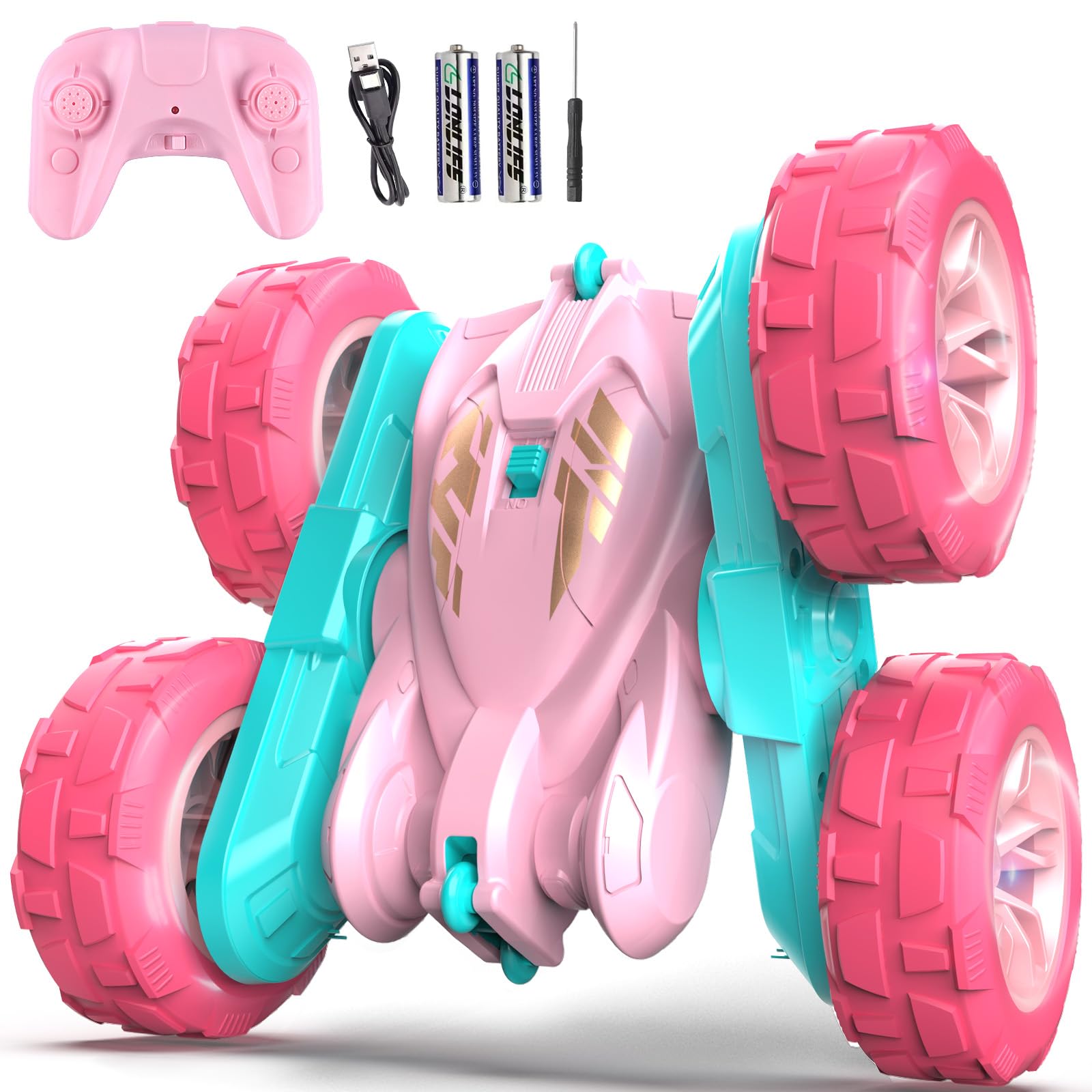 RacingFun Pink Remote Control Car for Girls，2.4 Ghz Double Sided RC Cars 360° Rotating Remote Control Crawler with USB-C Easy Charging Car Toys for 4 5 6 7 8 9 10 Girls Birthday Gift Grandkids Image