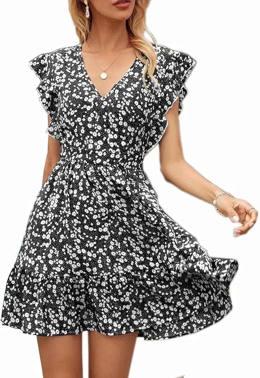 Slvofictty Womens Boho Floral Print Dress V Neck Ruffle Beach Mini