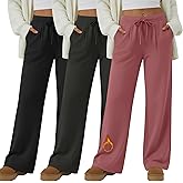 Sweetyweee 3 Pack Women's Fleece Lined Wide Leg Lounge Sweatpants Casual Thermal Drawstring Yoga Pants with Pockets
