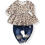 Baby Girl Clothes Toddler Girl Outfit Infant Denim Jeans Ruffle Floral Leopard Shirt Top Ripped Denim Pant Set Girl 6M-4T