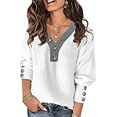 Soesdemo Oversized Sweaters for Women Warm Cozy Chunky Soft Casual Knitted V Neck Button Down Pullover Tunic Sweaters