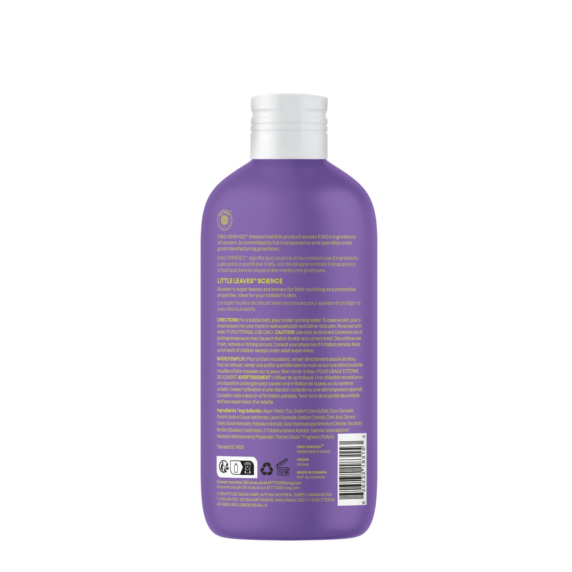 ATTITUDE Bubble Wash for Kids, EWG Verified Bubble Bath, Hair Shampoo and Body Soap, Dermatologically Tested, Plant- and Mineral-Based, Vegan, Vanilla & Pear, 16 Fl Oz