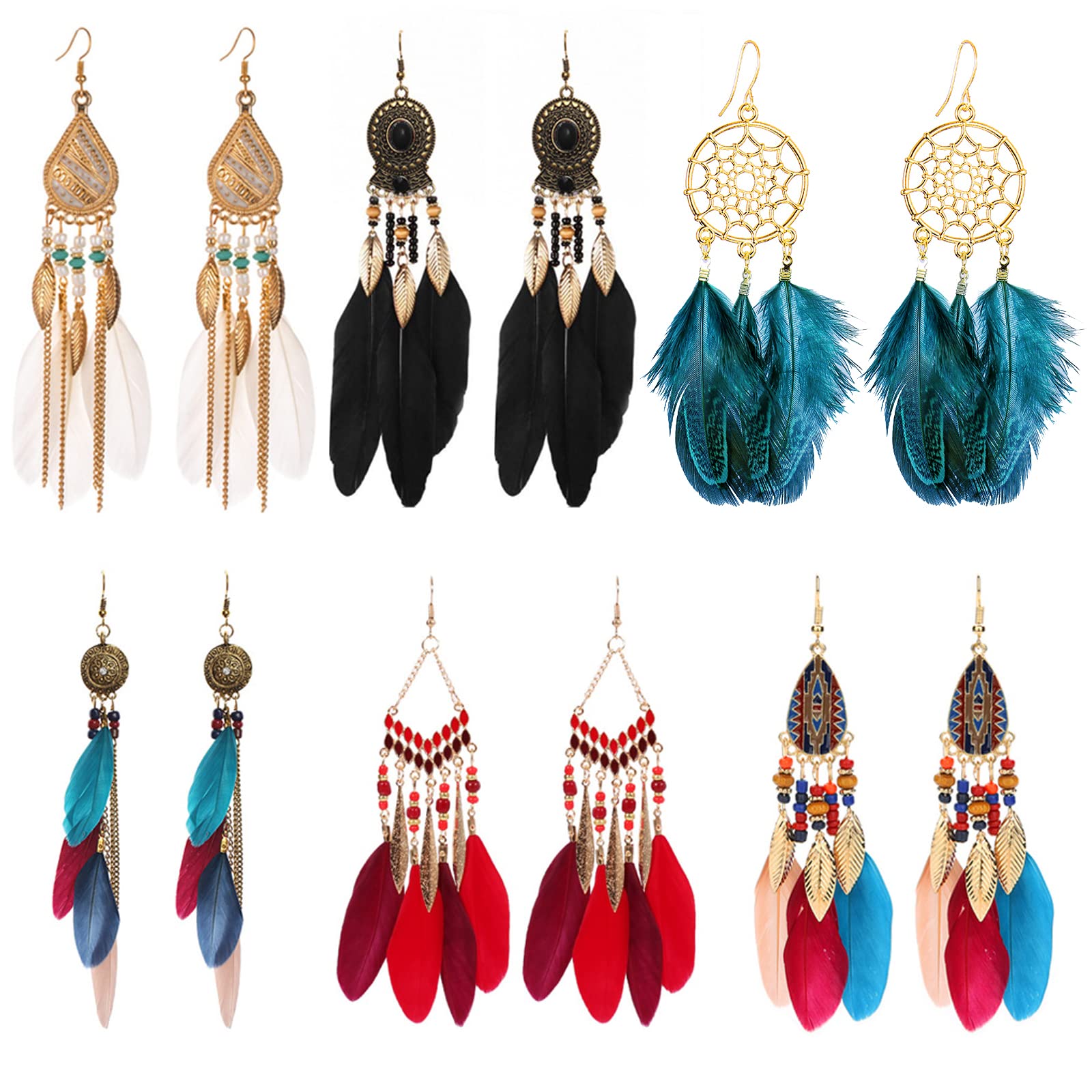 Bohemian Feather Earrings for Women,6 Pairs Bohemian Faux Feather Earrings Feathers Tassel Ethnic Retro Boho Dangle Earring Feathers Bohemia Fringe Earring Tassel Long Drop Dangle Earring — image 1