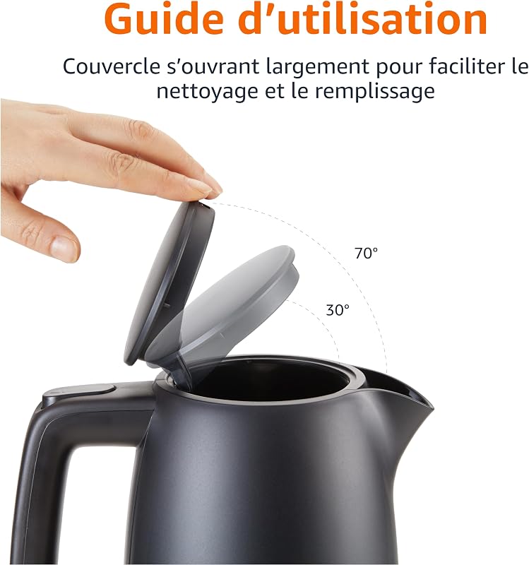 Bouilloire Électrique 1,7L, 2200 W, Sans BPA avec Base 360°, Arrêt Automatique et Filtre Anti-Calcaire Amovible, Noir Mat