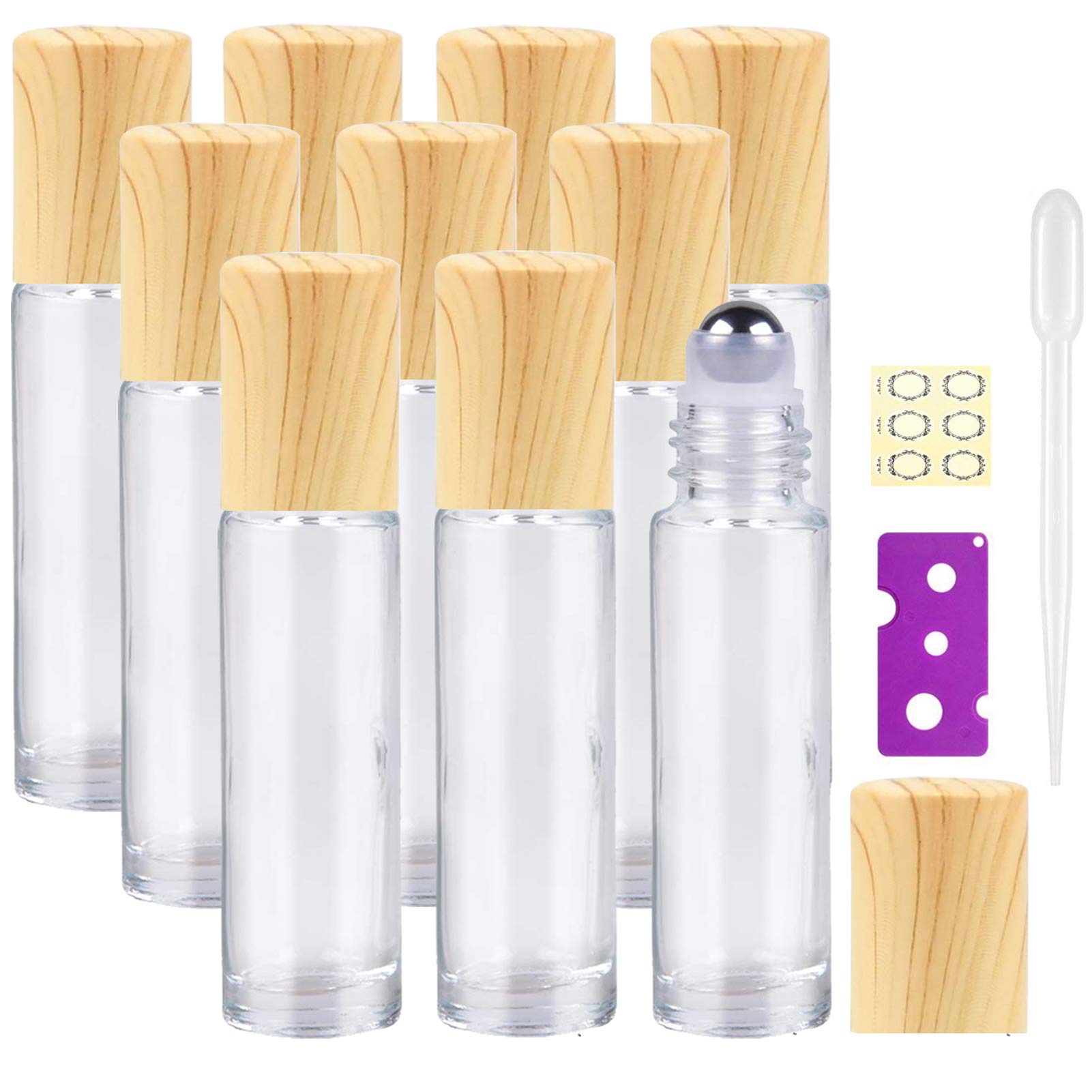 Yalbdopo 10Pcs, 10Ml Essential Oil Roller Bottles - Refillable Clear Glass Roll on Bottles with Stainless Steel Roller Ball & Wood Grain Plastic Cap, Include 12 Label, Dropper & Opener