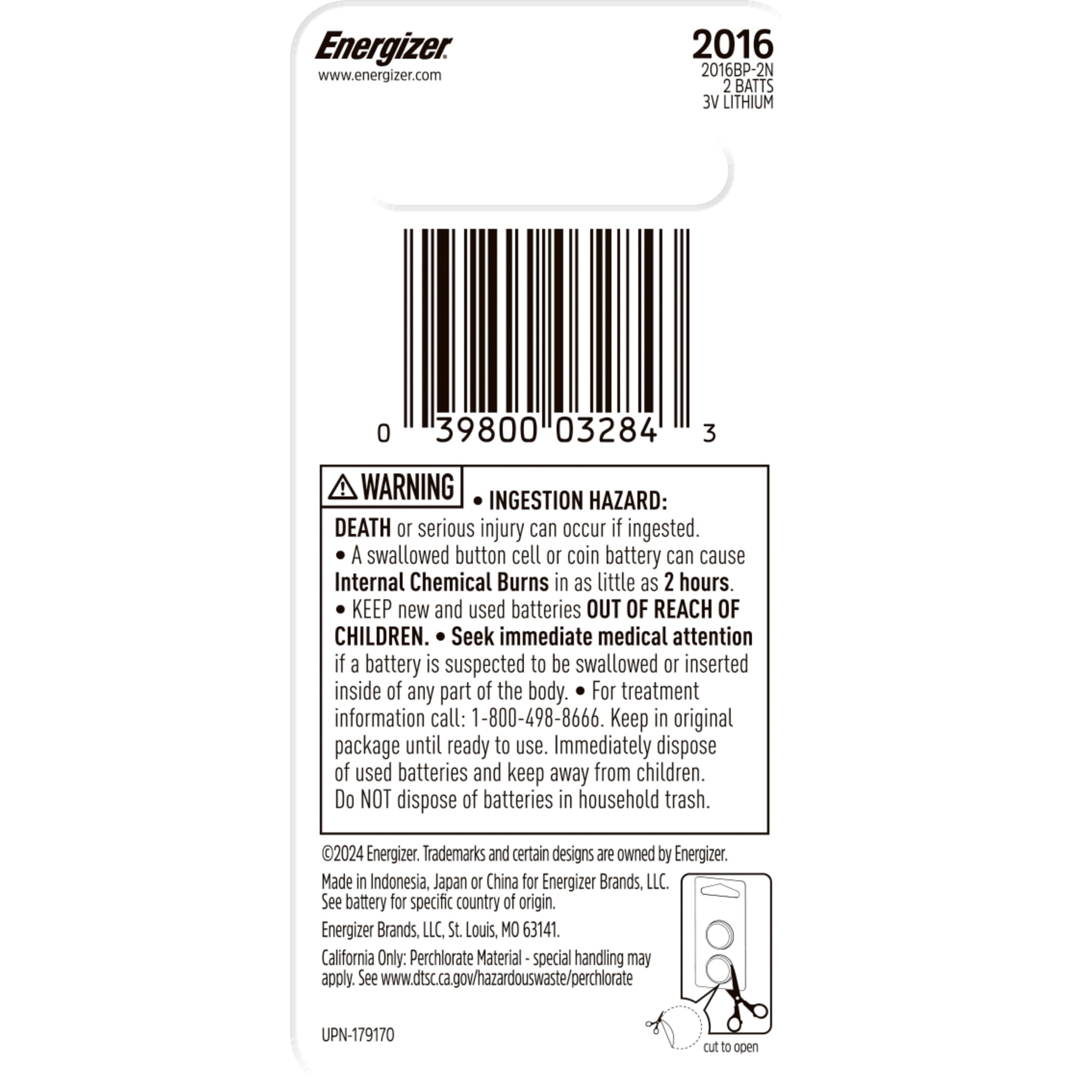 Energizer 2016 Batteries (2 Pack), 3V Lithium Coin Batteries With 3-in-1 Child Shield