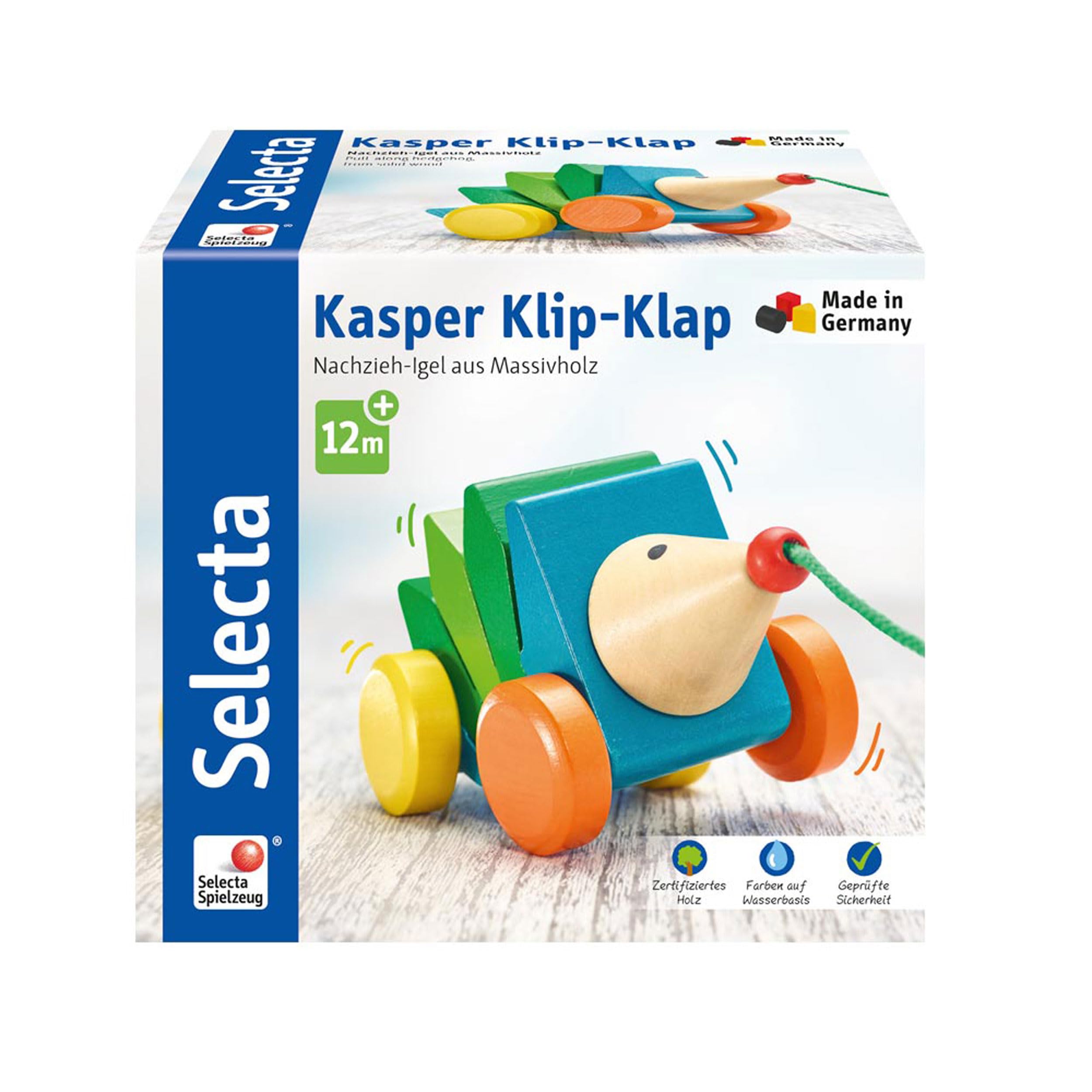 Selecta 62022 Kasper Klip-Clap, Hedgehog, Sliding and Pull-Out Toy Made of Wood, 16 cm