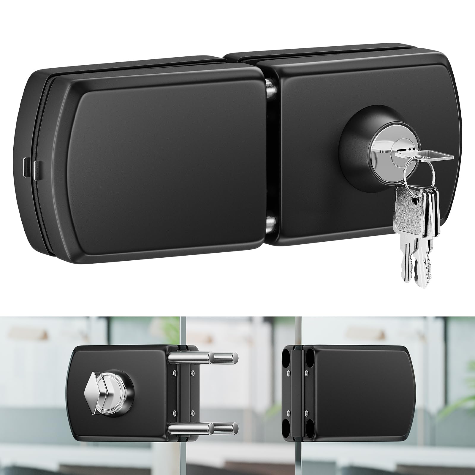 Ranbo No-Drill Frameless Glass Door Lock, Double-Sided, 304 Stainless Steel, for 10-12 mm Glass Doors, with 5 Keys, for Offices, Conference Rooms and Commercial Glass Entrances, Matte Black