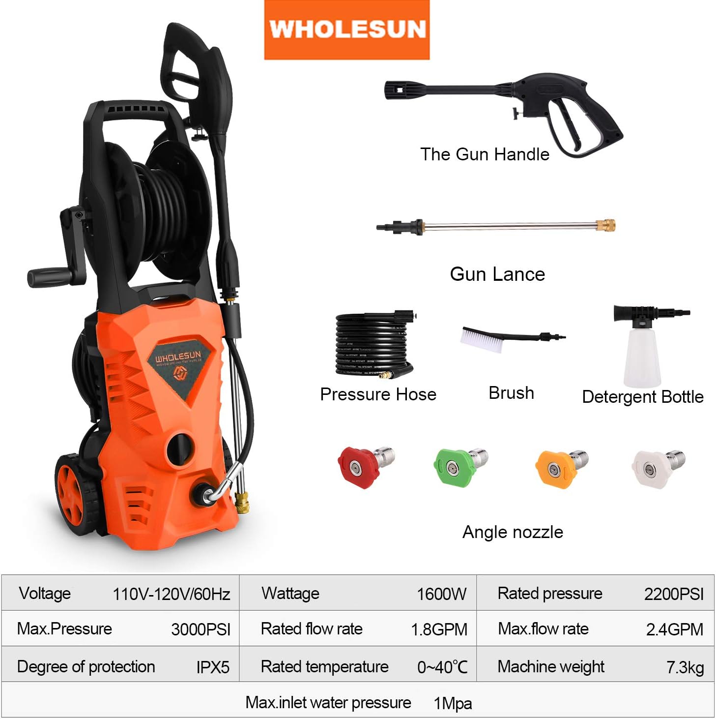 WHOLESUN 3000PSI Electric Pressure Washer 2.4GPM Power Washer 1600W High Pressure Cleaner Machine with 4 Nozzles Foam Cannon, Best for Cleaning Homes, Cars, Driveways, Patios (Orange) : Garden & Outdoor