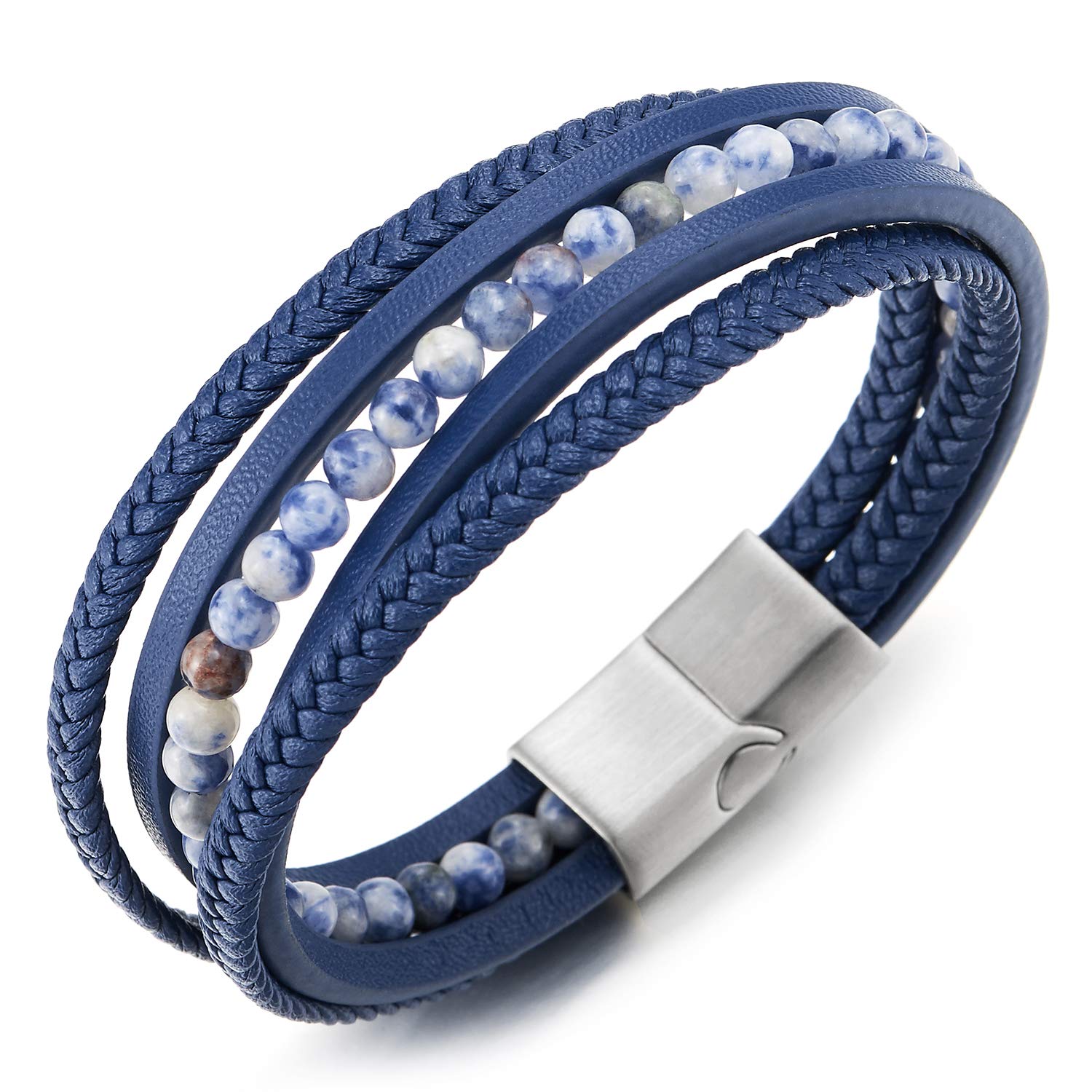 COOLSTEELANDBEYOND Multi-Strand Dark Blue Gem Stone Beads Chain Braided Leather Bracelet Wristband Steel Magnetic Clasp