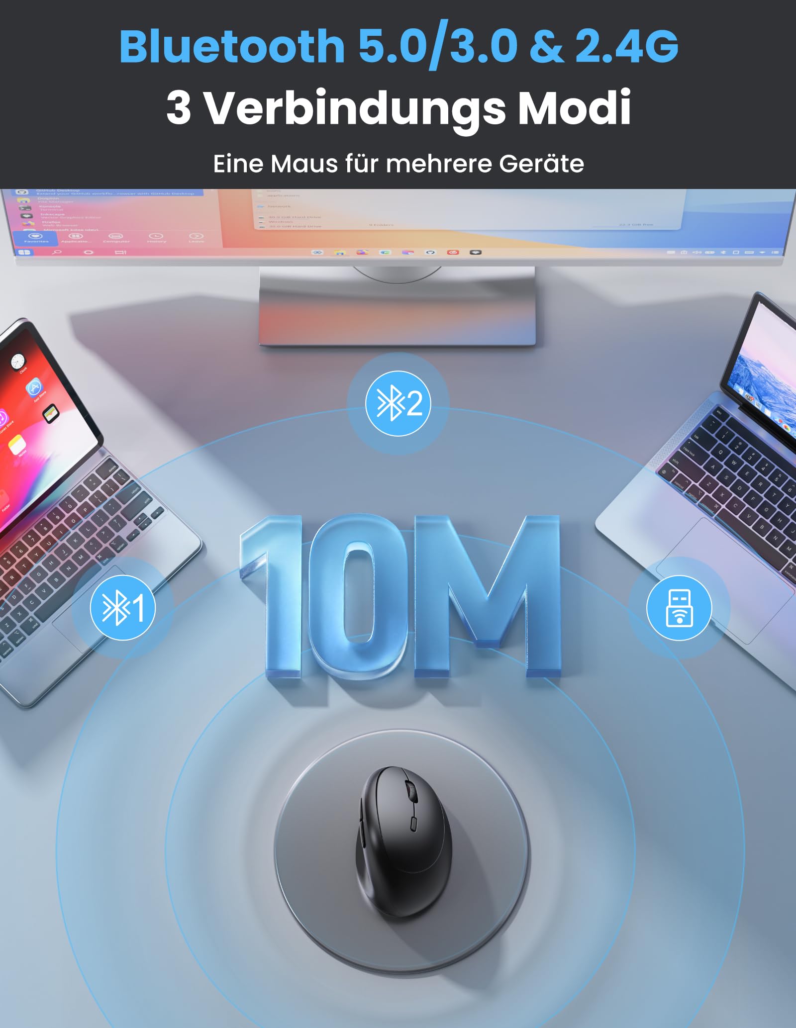 TECKNET Ergonomische Maus Bluetooth, Wiederaufladbar Maus Kabellos mit 3 Gerät (BT 5.0/3.0 + 2.4G), 6 Tasten, 4800 DPI Leise Vertikale Funkmaus für Laptop, Computer, iPad, Mac, Windows 2