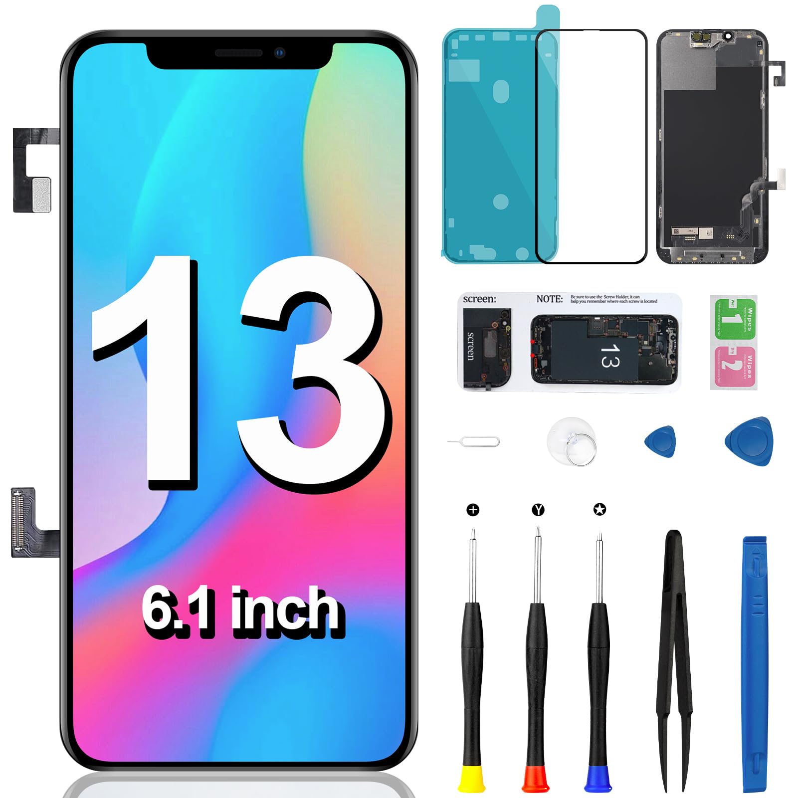 Photo 1 of for iPhone 13 Screen Replacement with Earpiece Speaker Flex Cable Proximity Sensor LCD Display Frame 3D Touch Digitizer Repair Tool Kit Full Assembly A2482 A2631 A2634 A2635 A2633 6.1 inch
