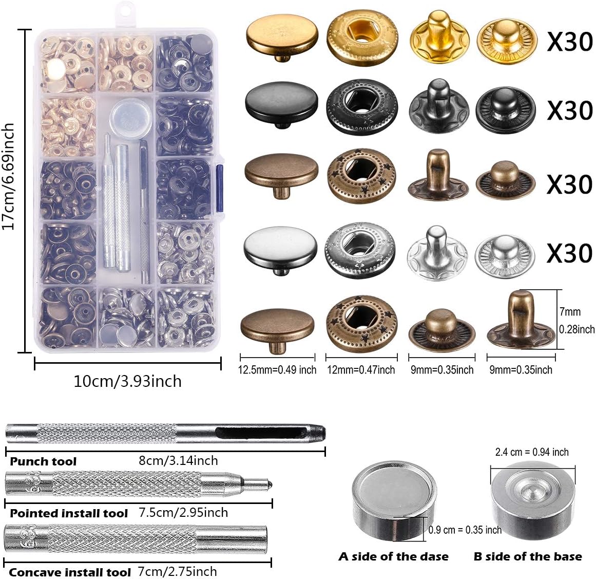 Leather Snap Button Fasteners Kit - Happon 120 Sets Metal Snap Kit with Punch Hole Pliers Press Rivets Repair Tool for Sewing Clothing Jeans Jacket - 4 Colors Snaps Studs Replacement