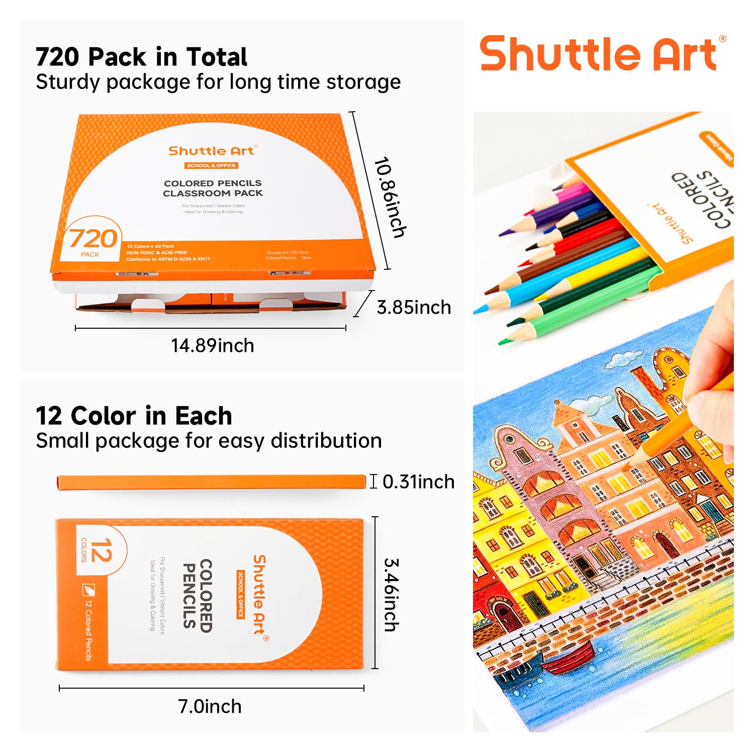 Shuttle Art 720 Colored Pencils Bulk, 12 Vibrant Colors, Pack of 60, Pre-sharpened Coloring Pencils, Wood Colored Pencil for Kids Teachers, Classroom Essentials, Back to School Supplies