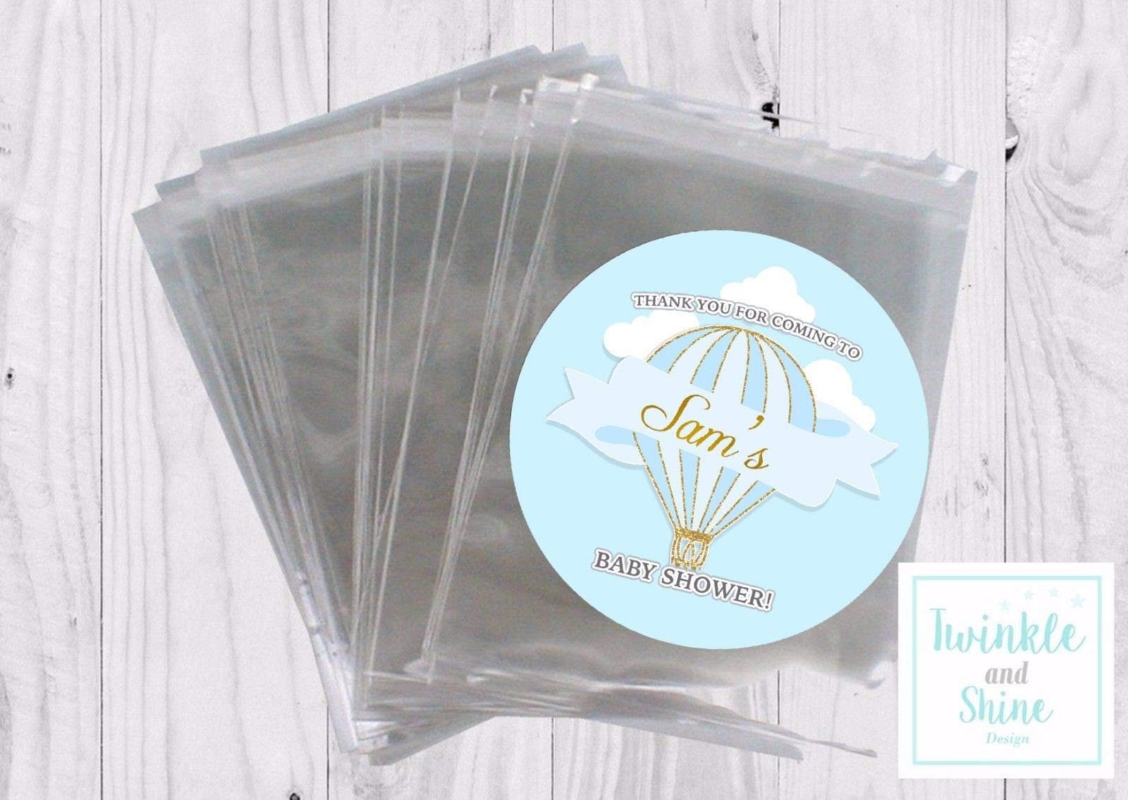 Personalised Blue Hot Air Balloon Baby Shower Favour Bags & Stickers Favour Kit - Pack of 12 | Baby Shower Sweet Bags
