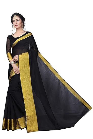 Hasti Womens Cotton Silk Saree With Blouse Piece(Black)