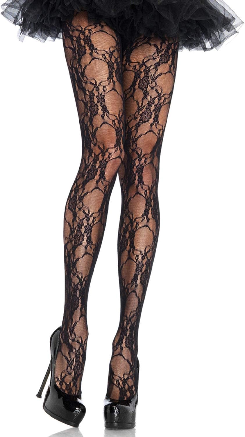Leg Avenue Women's Lace Tights, Floral Black, O/S: Clothing