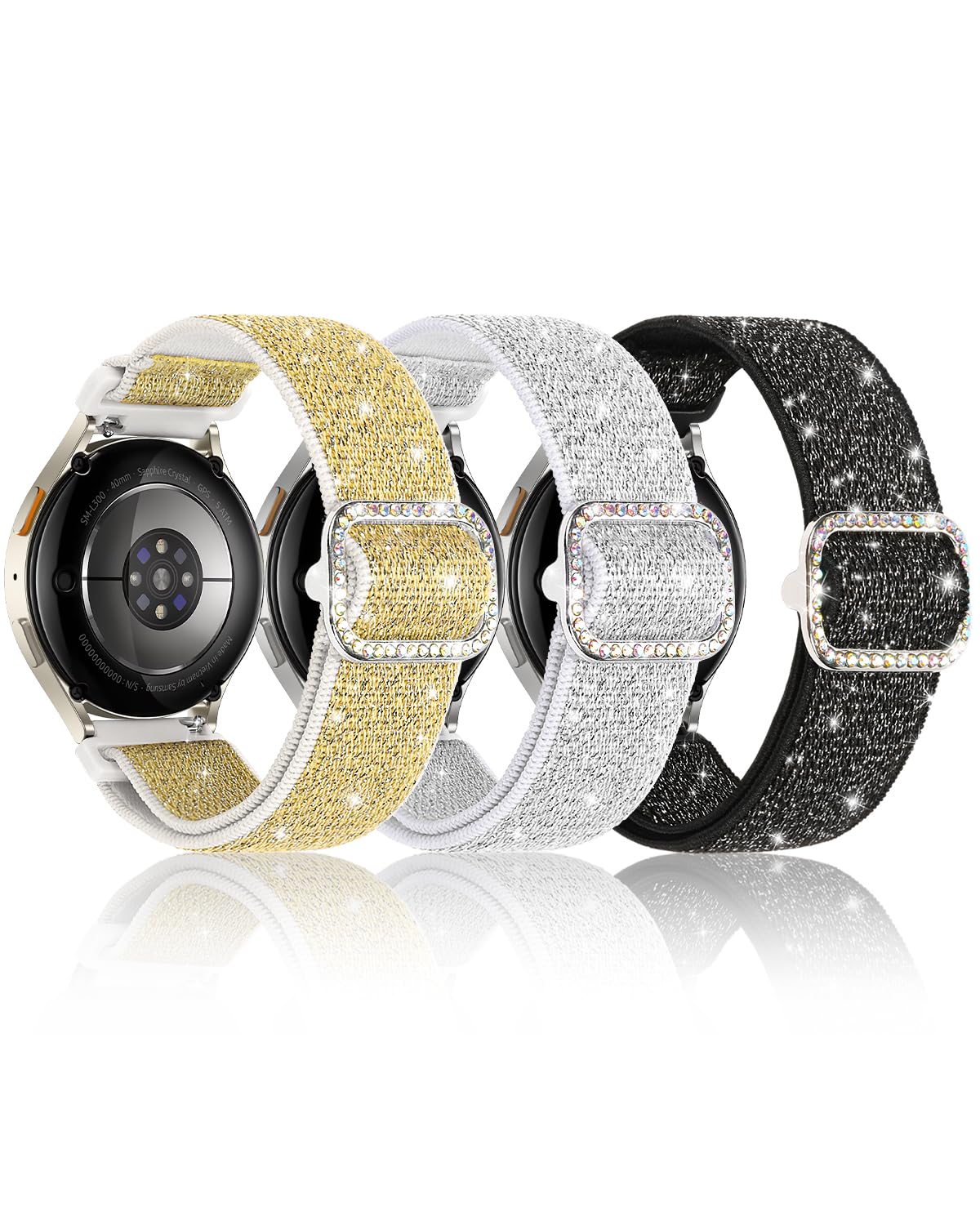 Sparkly Stretchy Nylon Bands Compatible with Samsung Galaxy Watch 7 6 5 4 Fe Band 40mm 44mm/Watch 6 4 Classic 47mm 46mm 43mm 42mm/Active 2,20mm Bling Elastic Glitter Strap for Galaxy Watch 7 Band Women
